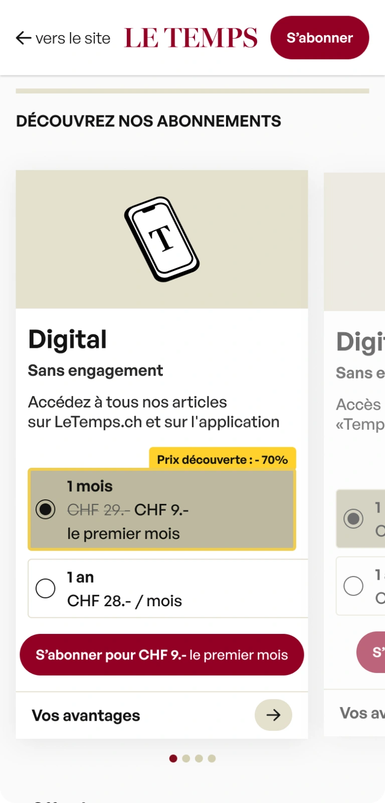 Subscription funnel, offer selection screen