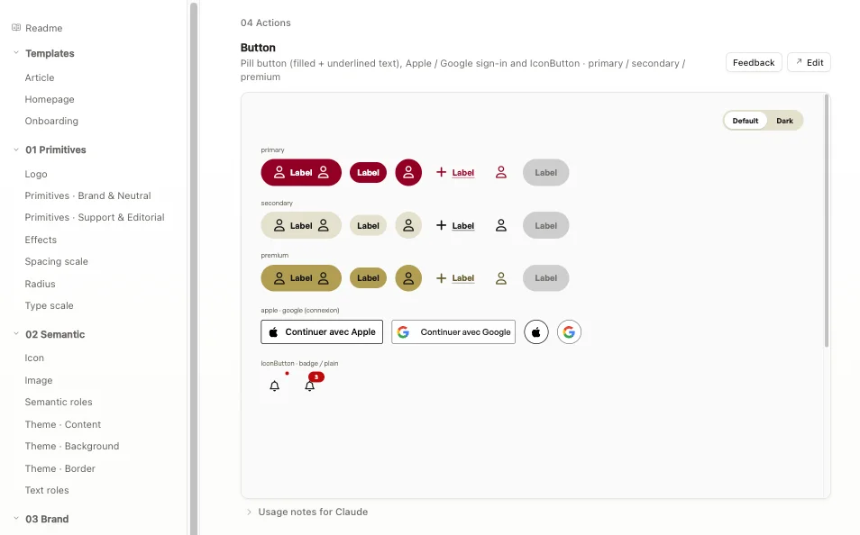 Claude Design, design system documentation of the Button component