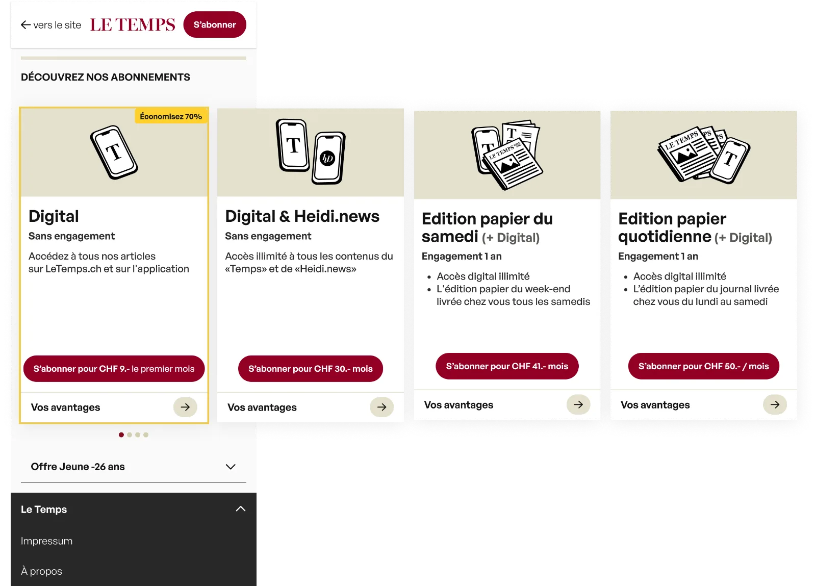 Three clear subscription plans, Digital, Digital & Heidi.news, and print