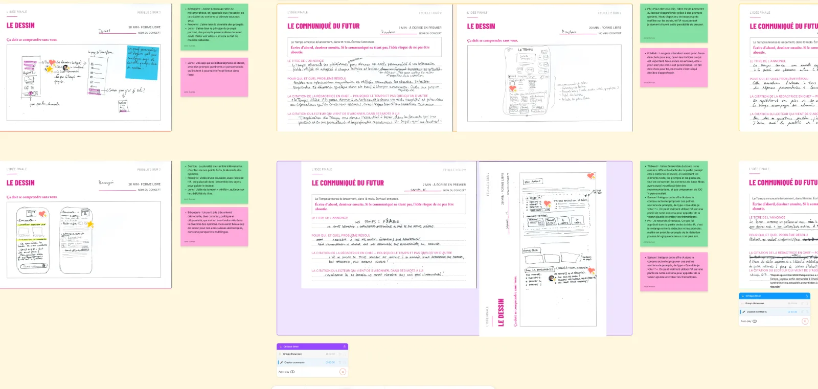 Workshop boards of app concept sketches and ideas